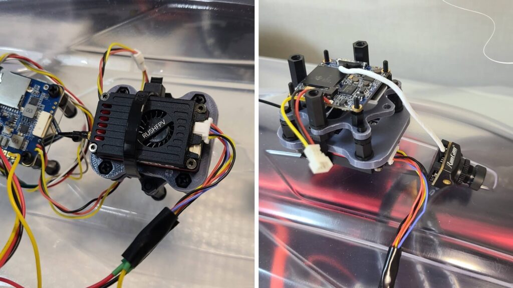 Rush Max Solo transmitter (left) with RunCam Split 4 PCB board (right)